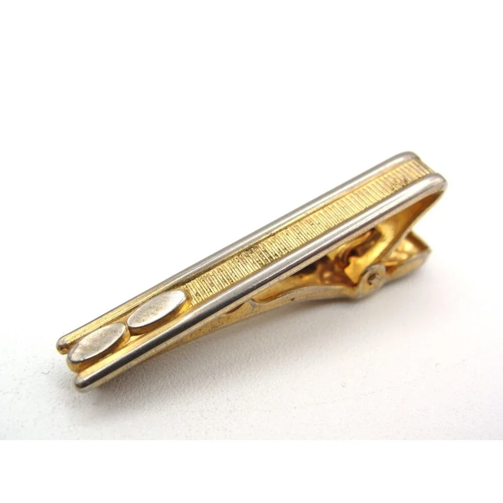 Vintage Two Tone Gold Silver Textured Tie Clip Bar Oval MCM Mens Wedding Jewelry
